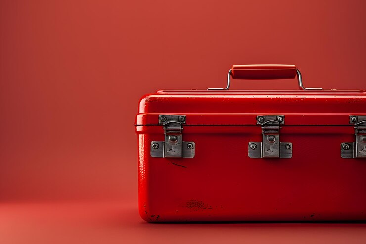 Caja de herramientas roja vibrante en un fondo liso
