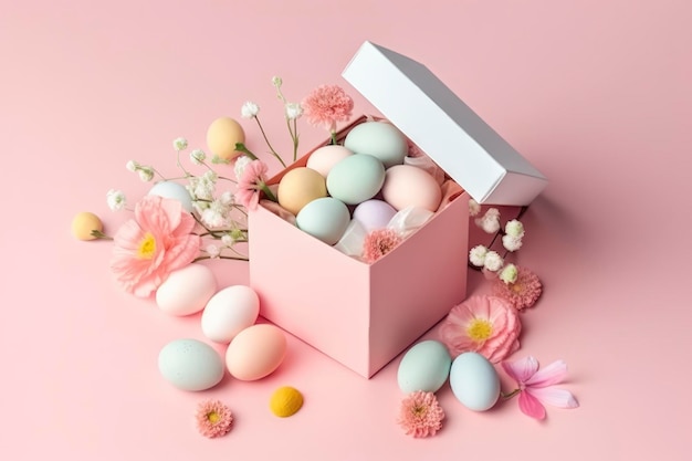 Una caja de huevos de pascua sobre un fondo rosa con flores y una caja de huevos de pascua.