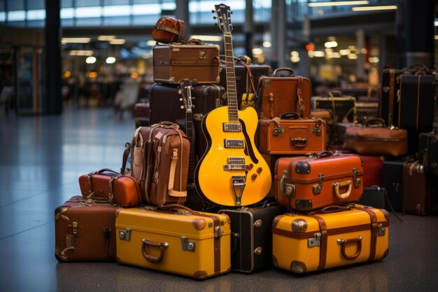 Caja de instrumentos de músico entre las maletas del aeropuerto IA generativa