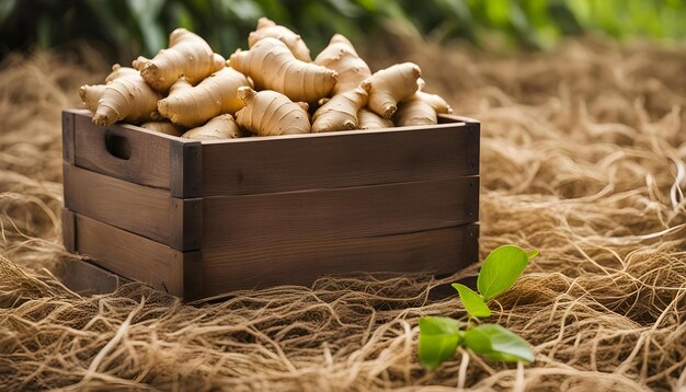 una caja de jengibre con una planta de hojas verdes en el fondo