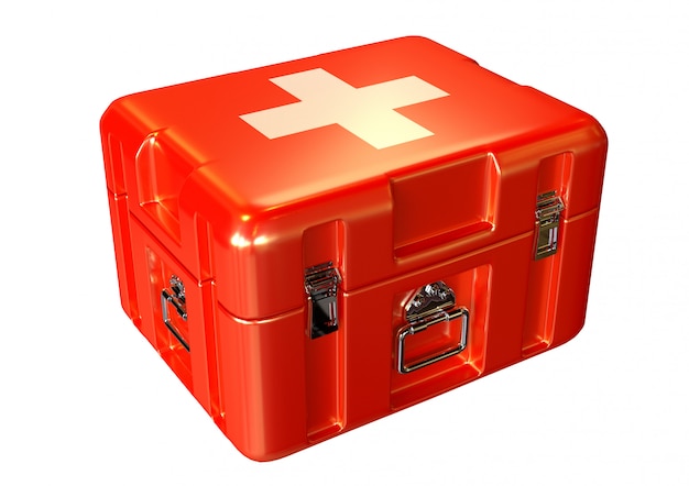 Foto caja de kit de primeros auxilios paramédicos en atención de emergencia con medicamentos y suministros, fondo blanco aislado