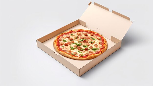 Foto caja kraft medio abierta con una maqueta de pizza