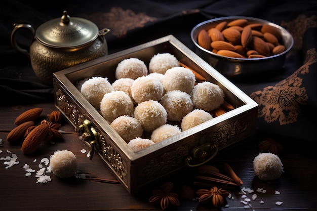 Caja de laddus de coco desecado dulce indio