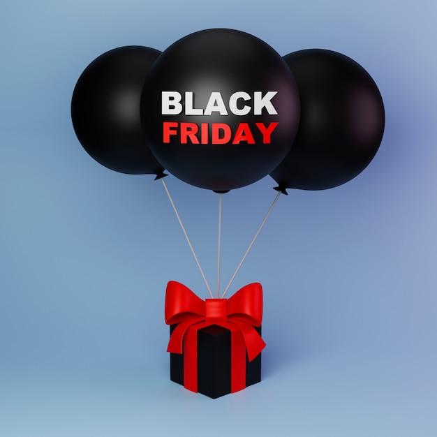 Caja con un lazo rojo y globos negros para la ilustración 3d del Black Friday