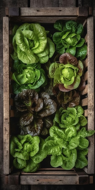 Una caja de lechuga de madera con las palabras lechuga en el centro.