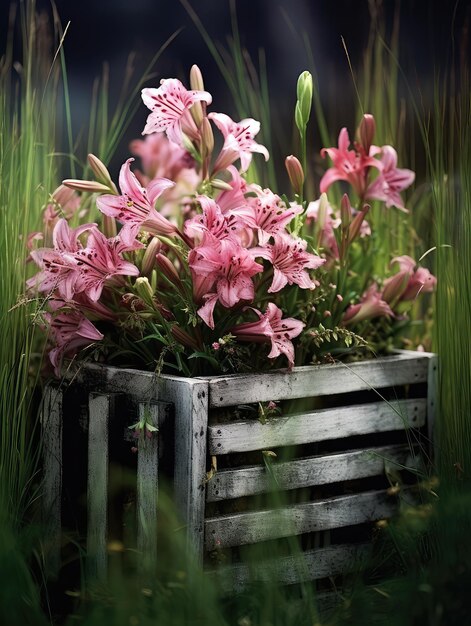 Una caja de lirios rosas se sienta en un campo de hierba.