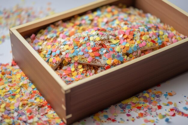 Caja llena de confeti de colores para ocasiones especiales