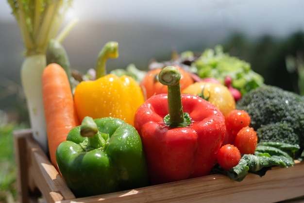 Caja llena de una gran selección de frutas y verduras orgánicas frescas y saludables tomadas en una mesa de madera oscura