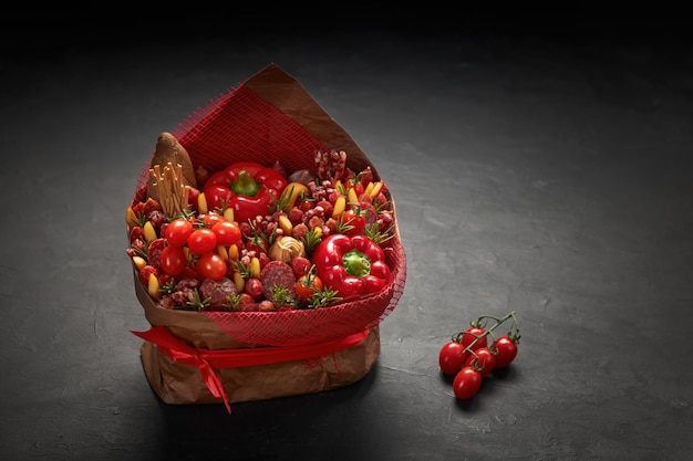 Foto caja llena de queso de salchicha de varios tipos de pan y tomates se alza contra un backgrou negro