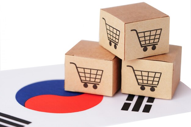 Caja con logotipo de carrito de compras y bandera de Corea.