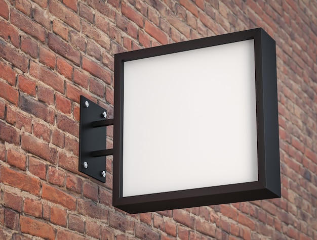 Foto caja de luz cuadrada en blanco sobre la superficie de la pared de ladrillo, render 3d