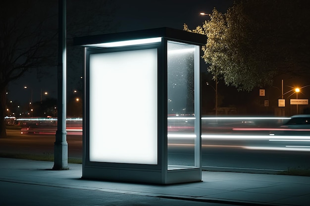 Caja de luz de maqueta blanca en blanco durante la noche en una parada de autobús IA generativa