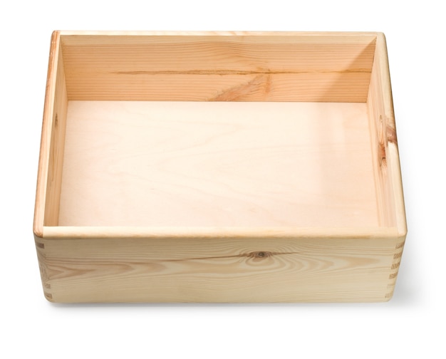 Foto caja de madera aislada en blanco con trazado de recorte