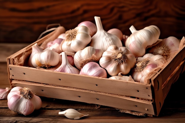 Una caja de madera de ajo con la palabra ajo