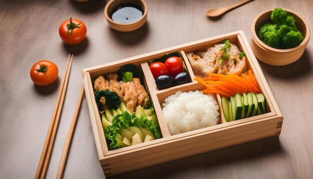 Foto una caja de madera con una bandeja de sushi y palillos