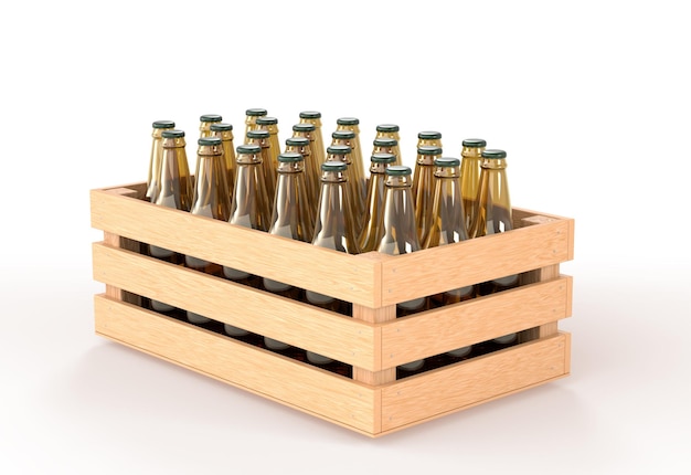 Caja de madera con botellas de vidrio vista de ángulo de cerveza Caja de madera llena de bebidas alcohólicas contenedor de tablones de madera para transporte de almacenamiento y bebidas de entrega aisladas sobre fondo blanco