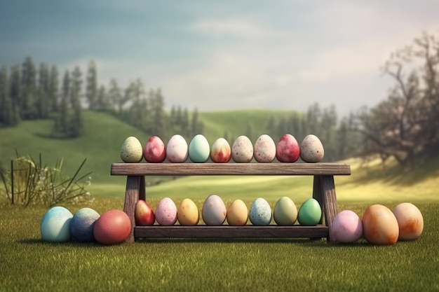 Una caja de madera con coloridos huevos de pascua se sienta en un campo de hierba.