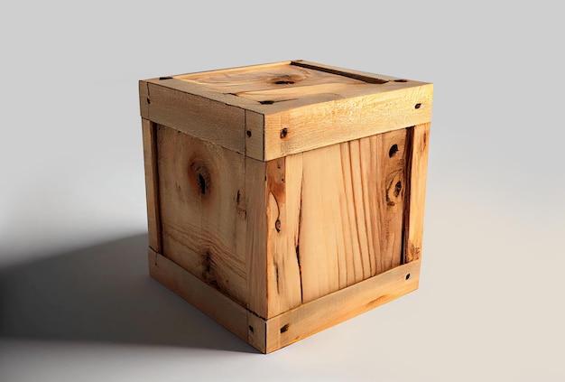 Caja de madera cuadrada para envío sobre un fondo blanco.