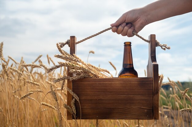 Caja de madera con espigas y una botella de cerveza de vidrio.