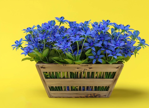 Una caja de madera con flores azules.