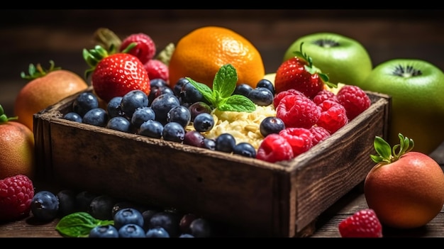 Una caja de madera de fruta con la palabra fruta