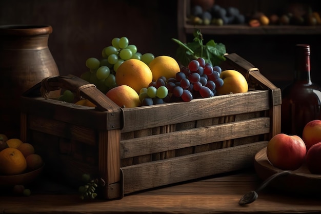 Una caja de madera con fruta se sienta sobre una mesa.