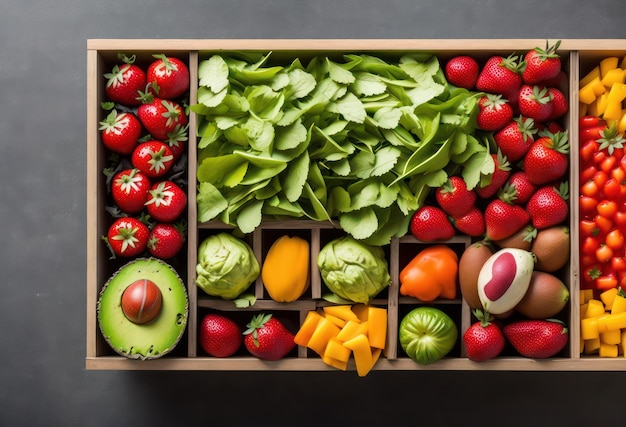 Una caja de madera de frutas y verduras que incluye aguacate, espinacas y aguacate.