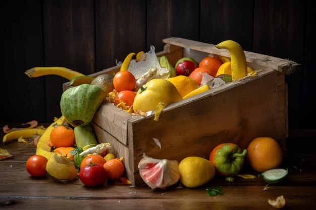 Foto una caja de madera de frutas y verduras se sienta sobre una mesa.