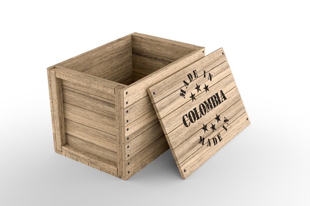 Foto caja de madera grande con texto made in colombia sobre fondo blanco. representación 3d