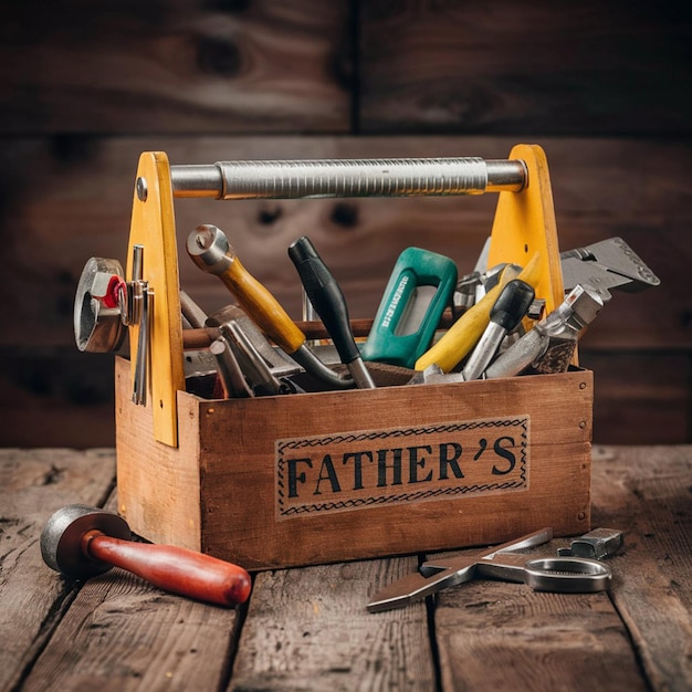 una caja de madera con herramientas, incluidas las herramientas de los padres y los padres