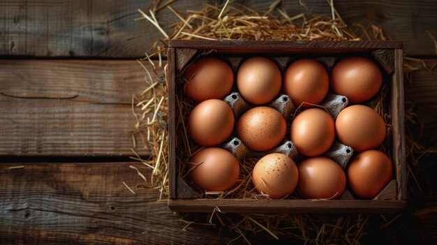 Caja de madera con huevos marrones