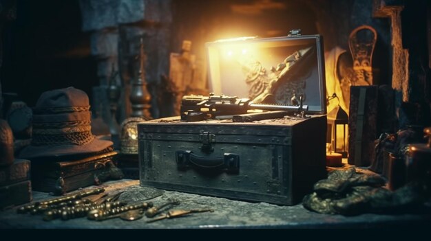 Una caja de madera con la imagen de una montaña descansa sobre una mesa con otros objetos.