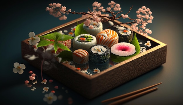 Una caja de madera con la imagen de un sushi y flores.