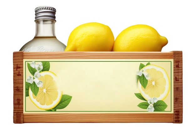 Caja de madera con limones frescos aislados sobre un fondo blanco o transparente