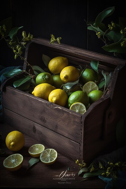 Una caja de madera con limones y limas