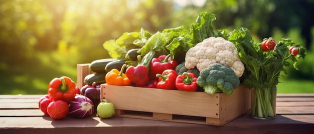 una caja de madera llena de diferentes tipos de verduras