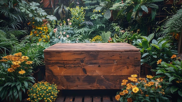 Una caja de madera llena de flores en el jardín