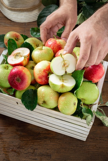 Foto caja de madera llena de manzanas diferentes.