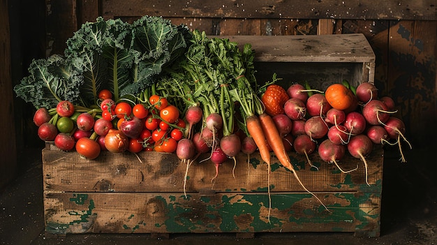 Una caja de madera llena de muchos tipos diferentes de verduras y frutas en exhibición en una tienda