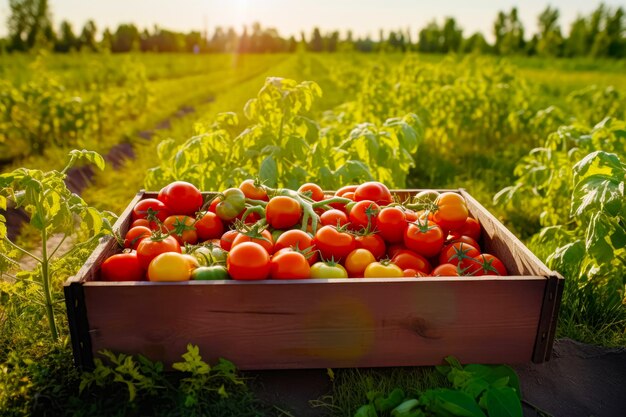 Caja de madera llena de muchos tomates rojos y amarillos en el campo IA generativa