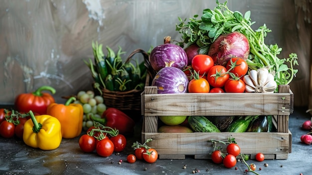 Caja de madera llena de verduras frescas en un fondo rústico