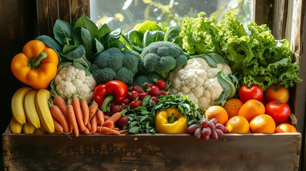 Una caja de madera llena de verduras y frutas frescas y coloridas