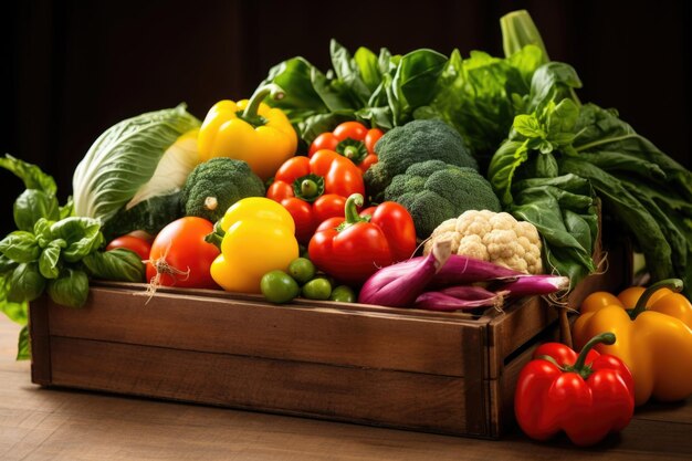 Una caja de madera llena de verduras variadas de temporada.