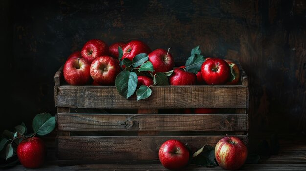 Caja de madera con manzanas rojas frescas