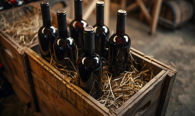 Foto una caja de madera con un montón de botellas de vino en ella