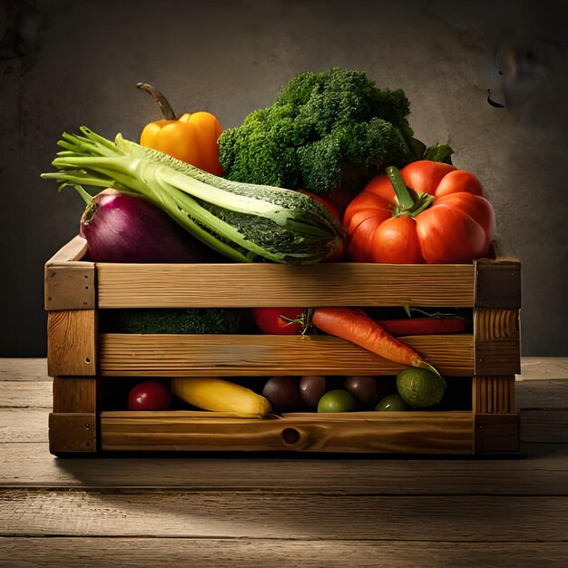 Una caja de madera con un montón de verduras en ella