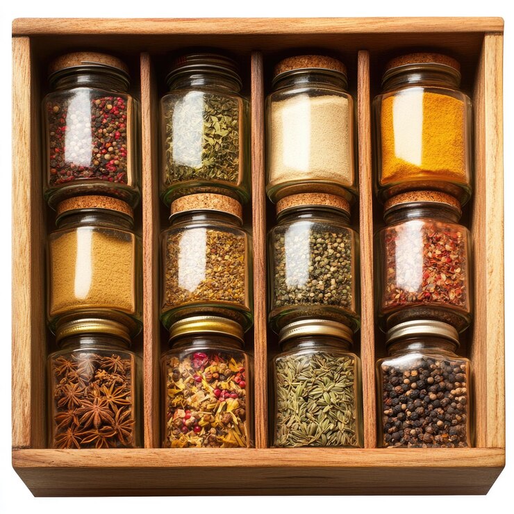 una caja de madera con muchos frascos de diferentes tipos de alimentos