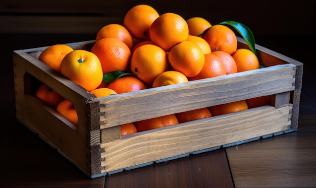 Una caja de madera de naranjas con hojas a un lado