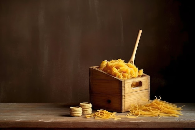 Una caja de madera de pasta se sienta en una mesa al lado de otra pasta.