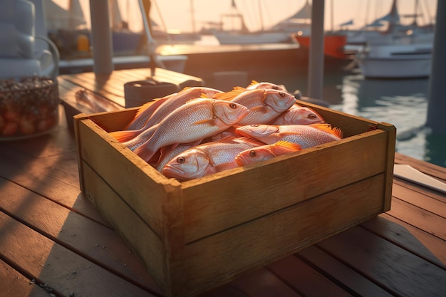 Una caja de madera de pescado en un muelle con la puesta de sol detrás de ella.